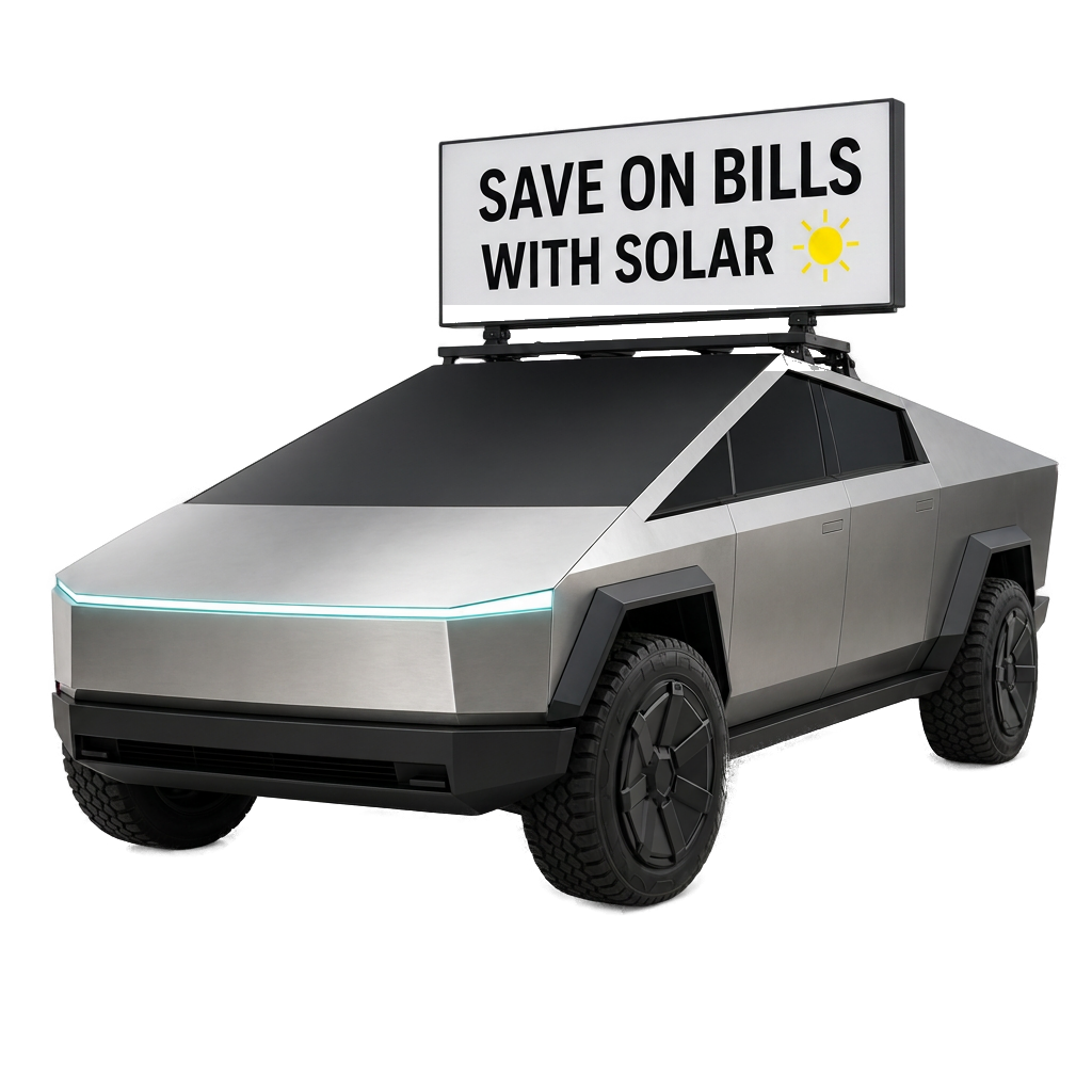 Futuristic glass Cybertruck with rooftop solar savings billboard